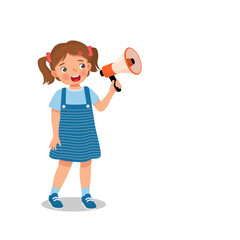 cute little girl holding megaphone speaking and shouting making announcement