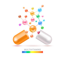 Multivitamins capsules complex, minerals in molecular form. Vitamin isolated on white background vector. Dietary supplement for pharmacy advertisement, vitamins package design. Science medic concept.