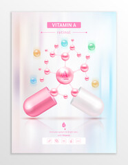 Vitamin A pink in capsule. Essential vitamins complex and minerals in molecular form. Dietary supplement for pharmacy advertisement. Poster banner design for clinics. Medic concept. Vector EPS10.