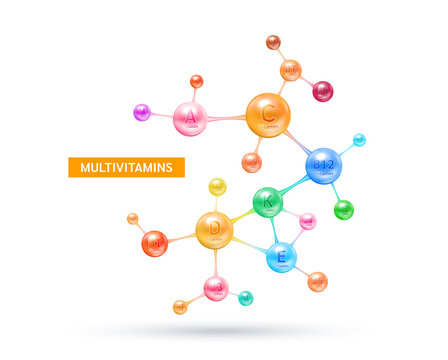 Multivitamins capsules complex, minerals in molecular form. Vitamin isolated on white background vector. Dietary supplement for pharmacy advertisement, vitamins package design. Science medic concept.