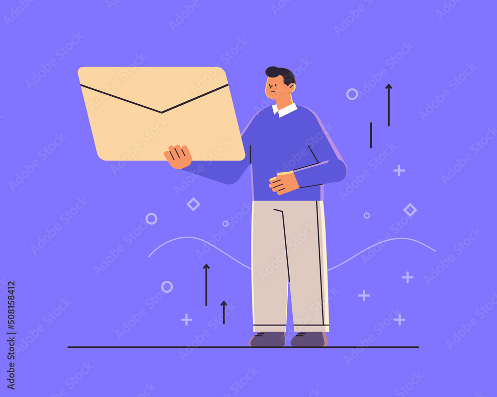 Poster man holding paper envelope new mail message communication concept guy sending or receiving letter