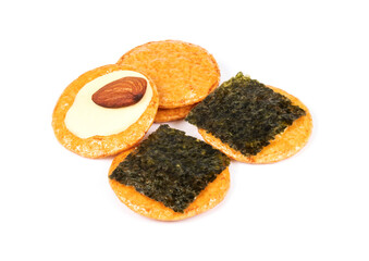 Japanese rice crackers on white background