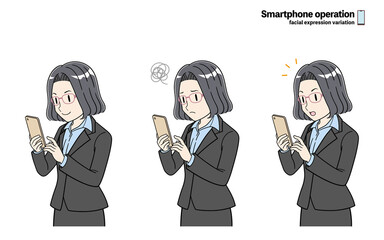 スマートフォンを使うスーツのビジネスウーマン　表情　セット