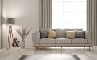 Soft color living room with sofa. Scandinavian interior design. 3D illustration