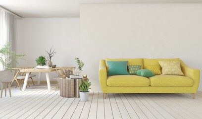 White living room with yellow sofa. Scandinavian interior design. 3D illustration