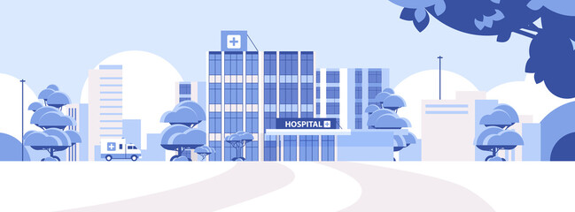 hospital building and ambulance car medical center concept modern clinic exterior healthcare concept