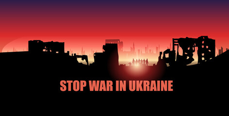 city destroy environment broken buildings destruction war zone pray for Ukraine peace banner horizontal - obrazy, fototapety, plakaty