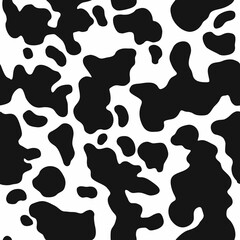 Fototapeta na wymiar Cow skin texture, black and white spot repeated seamless pattern. Animal print dalmatian dog stains. Vector