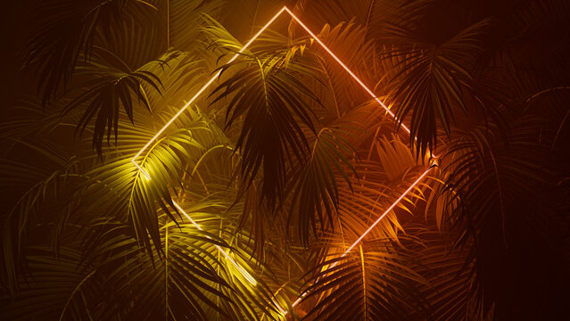 Tropical Leaves Illuminated with Yellow and Orange Fluorescent Light. Jungle Environment with Diamond shaped Neon Frame.