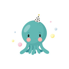 Cute Octopus. Cartoon style. Vector illustration. For card, posters, banners, books, printing on the pack, printing on clothes, fabric, wallpaper, textile or dishes.