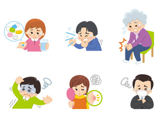 体調不良の人々　処方薬　風邪　膝痛　貧血　肌荒れ