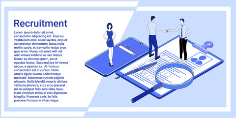 Recruitment of personnel.People on the background of a resume and a magnifying glass are looking for new personnel.An illustration in the style of the landing page is blue.