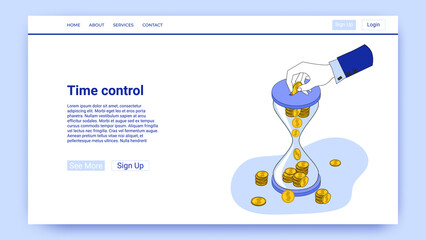 Time control.A man putting coins in an hourglass.Time management and deadline.An illustration in the style of the landing page is blue.