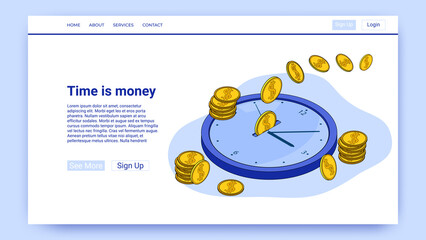 Time is money.Cash payments and financial control.An illustration in the style of the landing page is blue.