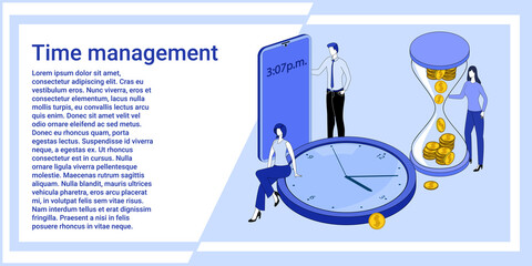 Time management.Deadline and time control.people are engaged in time planning on the background of a smartphone .clocks and hourglasses.An illustration in the style of the landing page is blue.