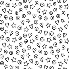 Seamless pattern with simple doodle elements. Black shapes on white background. Vector illustration.