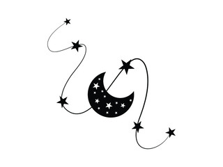 Moon and Stars Line Vector illustration. Boho Witch and Magic Symbol. Celestial Mystic Art Sign, Night Moon emblem isolated on White Background, Flat Style for Graphic Logo, Sticker, Tattoo