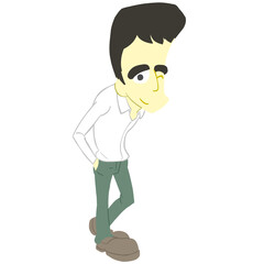 細身のカートゥーン男性のイラスト　線無し　黒髪　笑顔