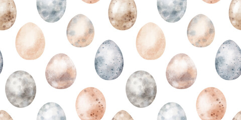 Watercolor hand drawn Easter seamless pattern with delicate illustration of different bird eggs, hen, quail eggs. Beautiful spring elements isolated on white background. Holiday natural wallpaper.