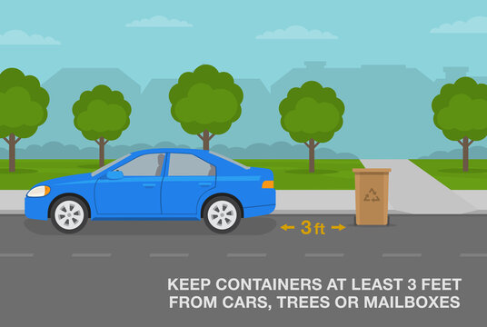 Residential waste and recycling or trash pickup service rules. Bins on sidewalk. Keep containers at least 3 feet from cars, trees or mailboxes. Flat vector illustration template. 