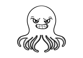 hand drawn illustration of an octopus with an angry face on a white background