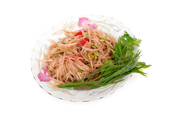 Papaya salad and vegetables in isolated plate on white background,popular food,fast food,thai food