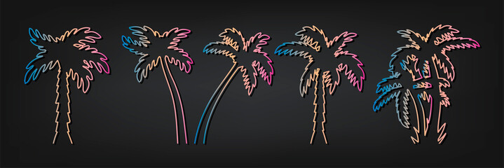 palm trees vector line rainbow colors. palm trees collection line vector on black background