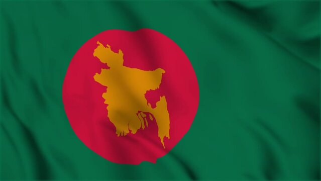 Bangladesh's national flag used during the Liberation War (1971) is waving. A red disc with a golden outline map of Bangladesh on a green banner.
