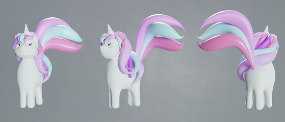 A white unicorn with a rainbow tail, Animal Cute Character, 3d rendering illustration.various perspectives.