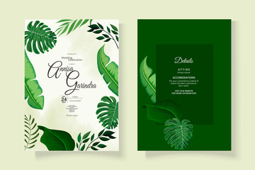  Wedding invitation card template set with beautiful  tropical leaves Premium Vector