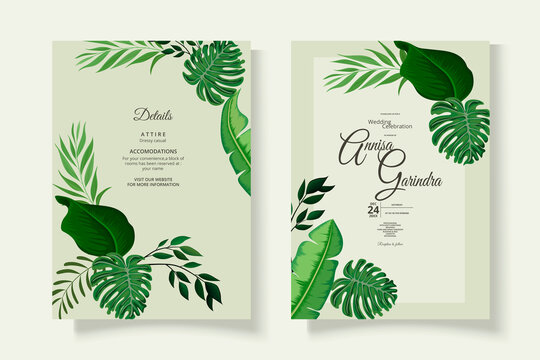  Wedding invitation card template set with beautiful  tropical leaves Premium Vector