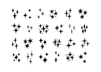 Fototapeta premium Hand drawn stars silhouette vector collection. Firework sparkles icons set isolated on white. Decoration flicker, flash magic symbol. Celebration decor.