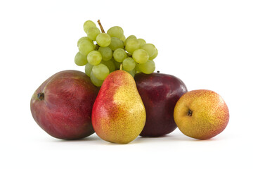 Naklejka na ściany i meble Mango, pears, grapes and apple isolated on white