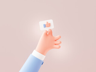 Hand hold Like button icon social media sign chat application technology community background banner concept 3d cartoon illustration