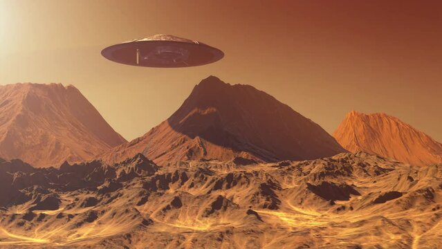 Massive Ufo alien saucer hovering over planet mars mountain

3D rendering, cinematic view of alien spacecraft and ufo concept

