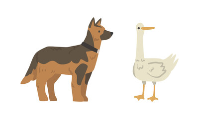 German Shepherd Dog and Goose as Farm Animal Vector Set
