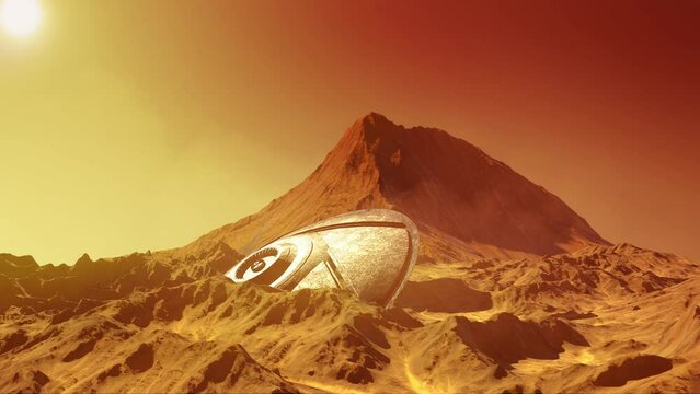 Alien saucer ufo crashing on planet mars surface

3D rendering, cinematic view of alien spacecraft debris on red planet mars
