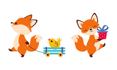 Cute Red Fox Carrying Gift Box and Pulling Trolley with Chick Vector Set