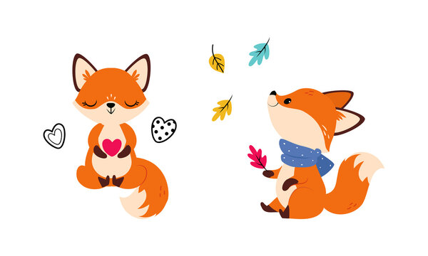 Cute Red Fox in Scarf Watching Leaf Falling and Meditating in Yoga Pose Vector Set