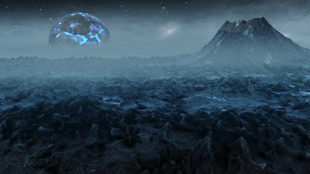 Blue Alien planet landscape and dying star
3D rendering, cinematic view of alien world, dying planet concept
