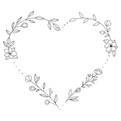 Floral and heart shape hand drawn style. Floral black and white frame of twigs, leaves and flowers. Frames for the Valentine's day, wedding decor, logo and identity template.