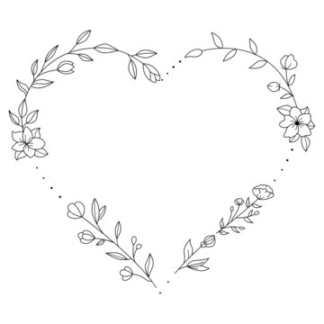 Floral and heart shape hand drawn style. Floral black and white frame of twigs, leaves and flowers. Frames for the Valentine's day, wedding decor, logo and identity template.
