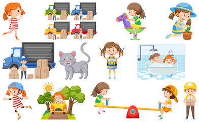 Set of cute kids and objects