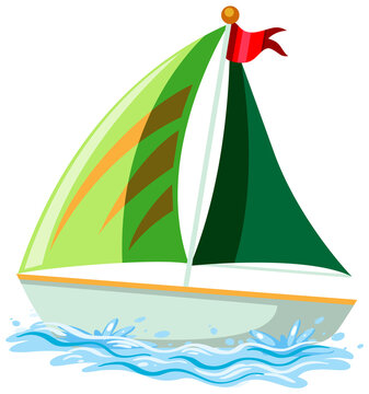 Green sailboat on the water in cartoon style