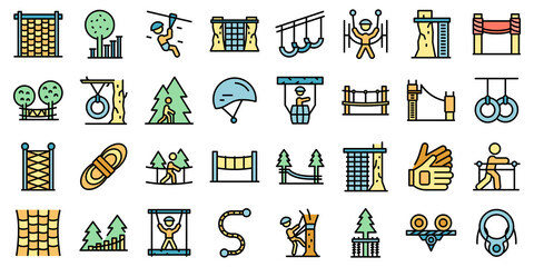 Rope park icons set outline vector. Walk adult. Sport forest thin line color flat on white
