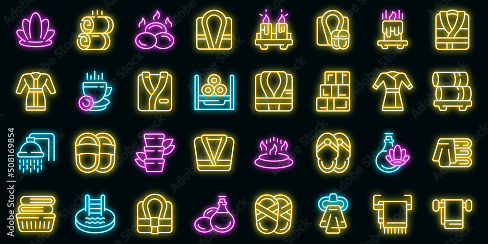 Sticker Spa clothing icons set outline vector. Rob bath. Belt soft vector neon - Stickers