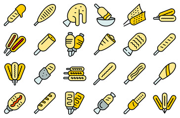 Corn dog icons set outline vector. American carnival. Chili dish thin line color flat on white