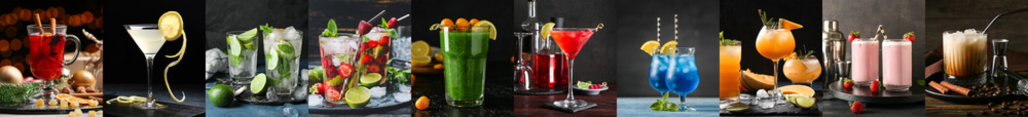 Collage of refreshing summer cocktails on dark background