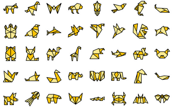 Origami animals icons set outline vector. Paper fish. Polygon crab thin line color flat on white