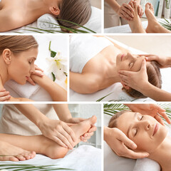 Collage with beautiful woman having massage in spa center